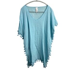 Seafolly Australia Light Blue Cotton‎ Tassel Kaftan Cover Up Coastal One Size